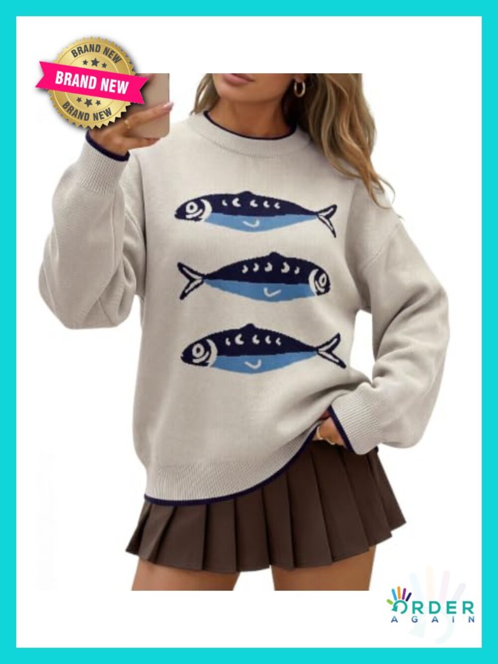 Oversized Sardine Fish Graphic Knit Pullover Sweater Long Sleeve